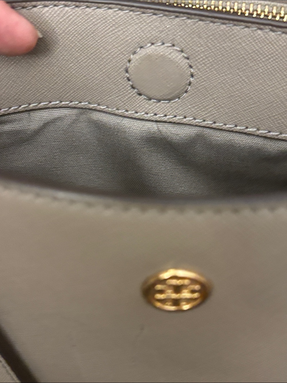 Tory Burch Taupe Saffiano Tote with Gold Logo Charm - Picture 16 of 16